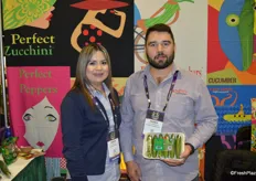 Denise Quiroga and Pedro Balderrama with SunFed. Pedro shows organic mini cucumbers in a compostable and recyclable tray.